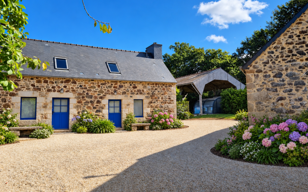 Cour de Douar Bouillon avec façades en pierre, portes bleues et massifs d'hortensias